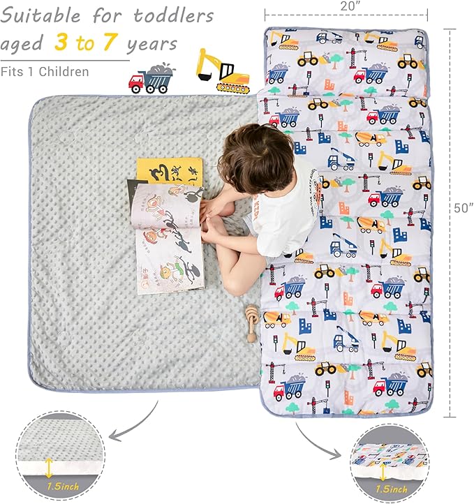 Lasoftan Toddler Nap Mat with Pillow and Blanket, Extra Large Rolled Napping Mats,Slumber Bags for Boys Girls,Kids Sleeping Bag for Daycare, Preschool Travel Camping