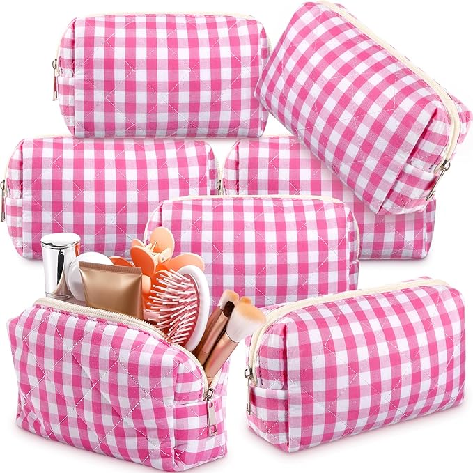 Paterr 6 Pcs Quilted Makeup Bag Bulk for Women Girls Birthday Valentine's Day Bridesmaid Gifts Cute Cotton Cosmetic Pouch Bow Floral Coquette Aesthetic Travel Toiletry Bag(Plaid,Pink)