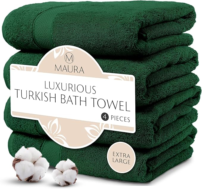 MAURA Hunter Green Extra Large Turkish Cotton Luxury Bath Towels Set of 4. Ultra-Soft, Thick & Plush Towels for Bathroom - Dark Green