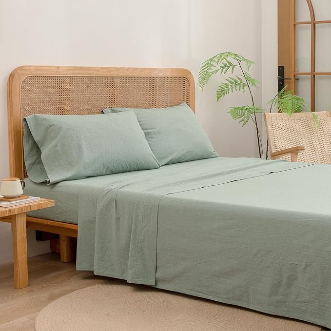 BESTOUCH Sheet Set 100% Washed Cotton Linen Feel Super Soft Comfortable Chic Lightweight 4 Pcs Home Bedding Set Solid Green Cal King