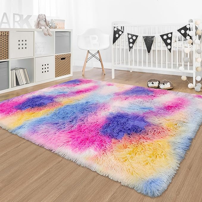 Rainbow Area Rugs 4x6 ft,Tie-Dyed Unicorn Fluffy Fuzzy Shaggy Carpet Soft Plush Furry Rug,for Bedroom Living Room Indoor Floor Rug Kids Girls Boys Home Decor Aesthetic, Dorm Nursery