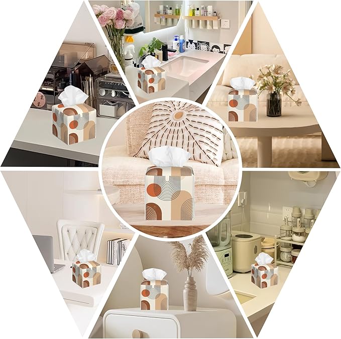 Boho Leather Tissue Box Holder Abstract Line Art Tissue Box Cover Facial Paper Case Organizer Cube Napkin Dispenser for Bathroom Vanity Countertop Night Stand Office Car
