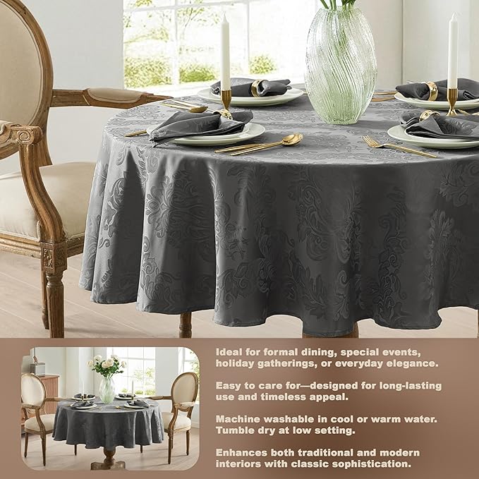 Newbridge Barcelona Damask Fabric Tablecloth, 90 Inch Round, Grey – No Iron, Soil Resistant Table Cover for Dining, Parties and Holidays