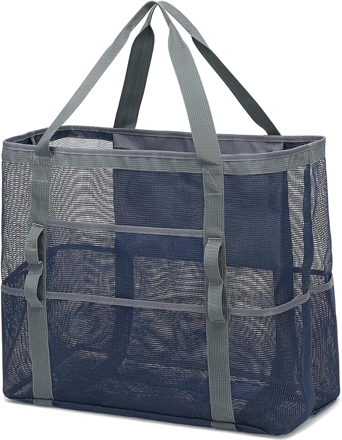 Fammart Mesh Beach Bag, Large Beach Tote with Zipper Pocket for Family Pool Bag for Toys & Vacation Essentials