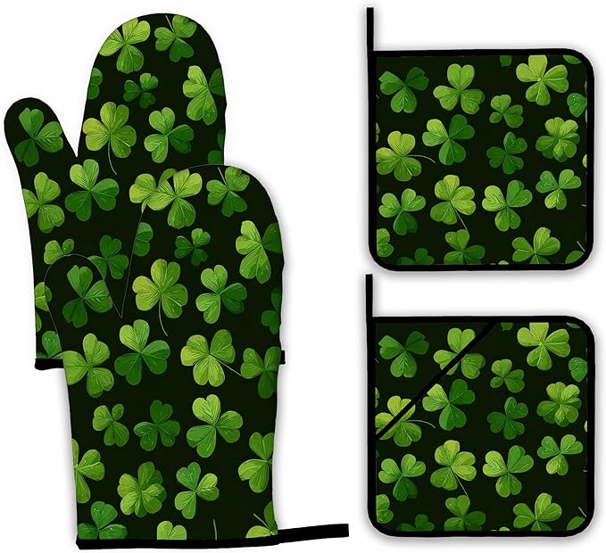 Lucky Clover Oven Mitts and Pot Holders,Patrick's Day Heat Resistant Oven Mitts Gloves and Pot Holder for Home Kitchen Decorations Cooking Baking BBQ Gifts,Set of 4