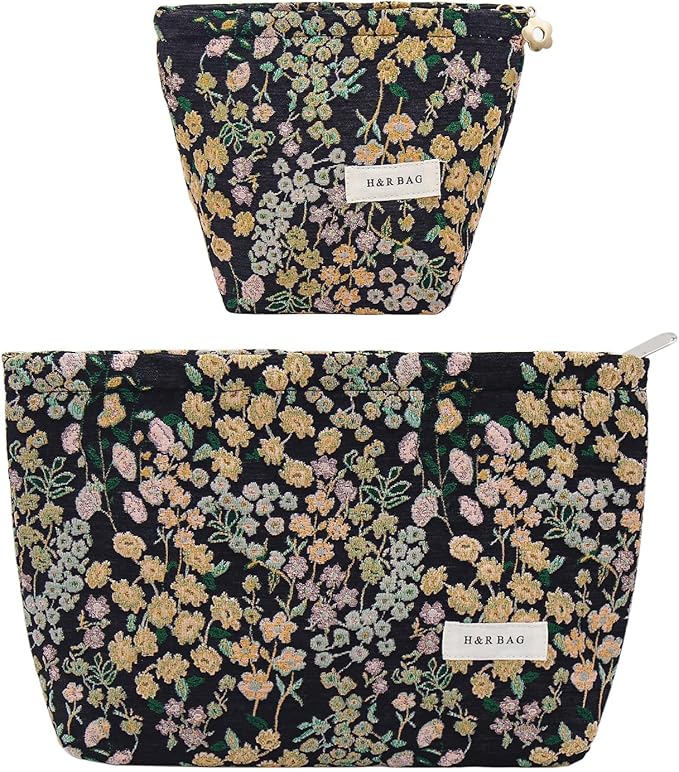 getgto 2 Pcs Makeup Bags, Large Cosmetic Bag Travel Toiletry Bag Organizer for Women, Embroidery Craft, Floral Makeup Bag Small Cosmetic Pouch Purse with Zipper Gifts for Girls Teen