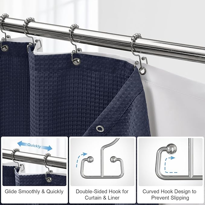 ROLIZOE 3-in-1 Waffle Texture Shower Curtain Set with TPU-Coated Waterproof Liner and 12 Upgraded Double-Sided Hooks, Well-Matched Sizes for a Seamless Fit – Navy Blue, 72" x 78"