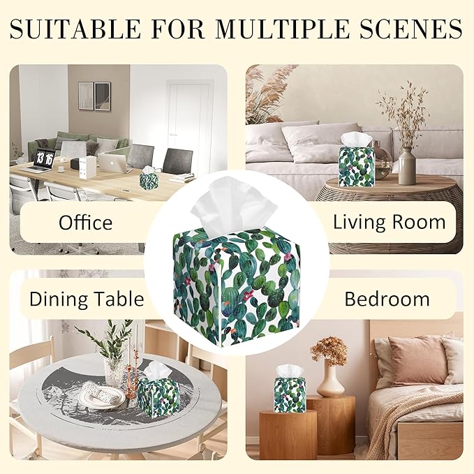 POIUBLE Leather Tissue Box Holder Watercolour Cactus Tissue Box Cover Square Waterproof Tissue Holder Organizer Modern Napkin Holder for Bedroom Dresser Night Stand Office Desk