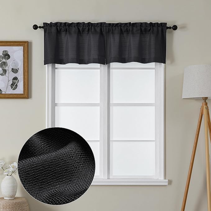 Lecloud Bessie Black Valance for Windows 14 Inch Length 2 Pcs, Light Filtering Faux Linen Cafe Curtains, Short Curtains for Bedroom Bathroom Living Room with Dual Rod Pocket, Each 30 W x 14 L