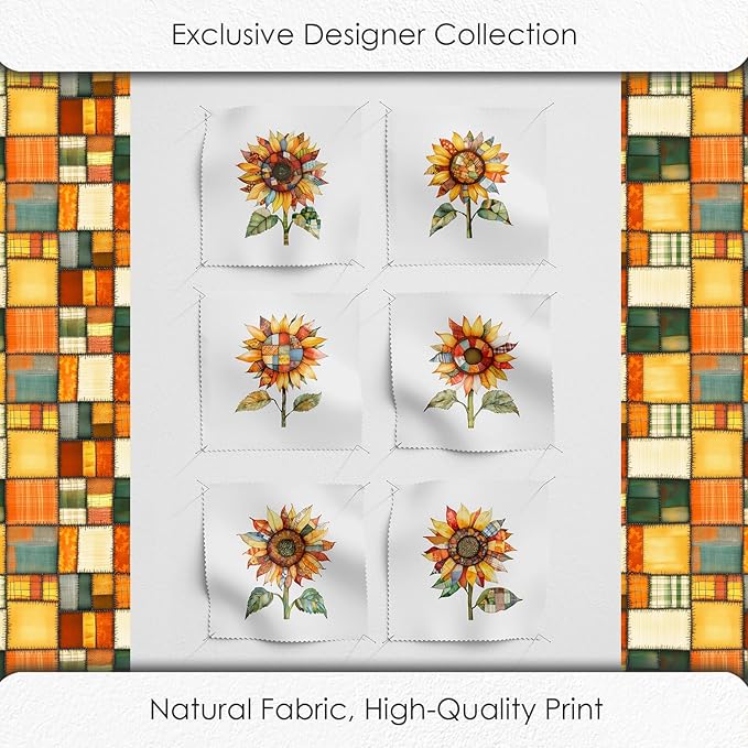 Patchwork Sunflower Cotton Fabric Panel – Six 10×10 inch Designs + Bonus 29.5×19.6 inch Patchwork Sheet, 100% Turkish Cotton 140 GSM