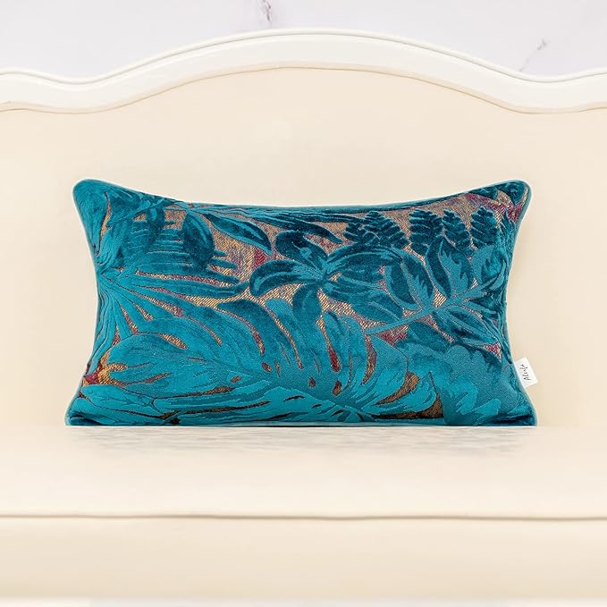 Alerfa 12 x 20 Inch Light Blue Rectangle Maple Leaf Pillow Embroidery Cut Velvet Cushion Case Luxury Modern Lumbar Throw Pillow Cover Decorative Pillow for Couch Sofa Living Room Bedroom Car