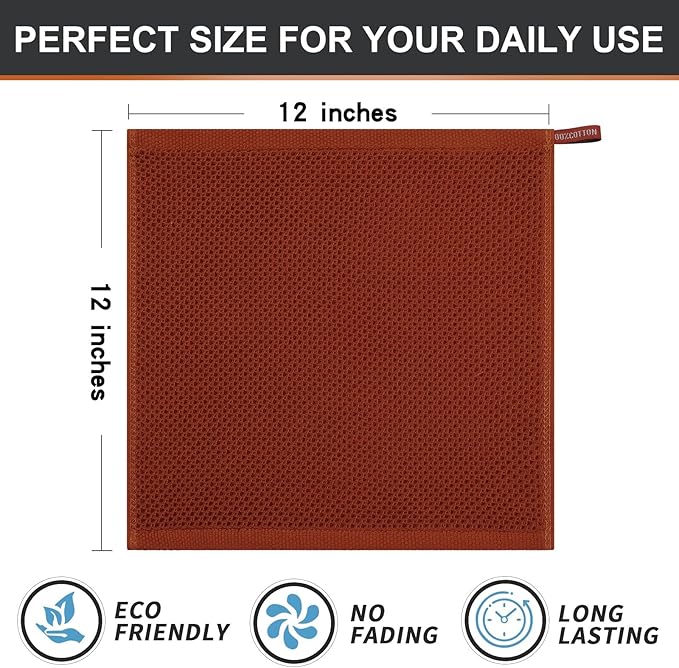 Kitinjoy 100% Cotton Kitchen Dish Cloths, 8 Pack Waffle Weave Ultra Soft Absorbent Dish Towels for Drying Dishes Quick Drying Kitchen Towels Dish Rags, 12 X 12 Inches, Rust