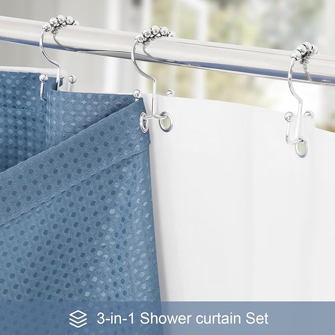 Craidlela 3 in 1 Extra Long Moonlight Blue Shower Curtain Set-72 W x 84 H, Modern Waffle and PEVA Liner Set with 12 Stainless Steel Hooks, Waterproof Fabric for Bathroom