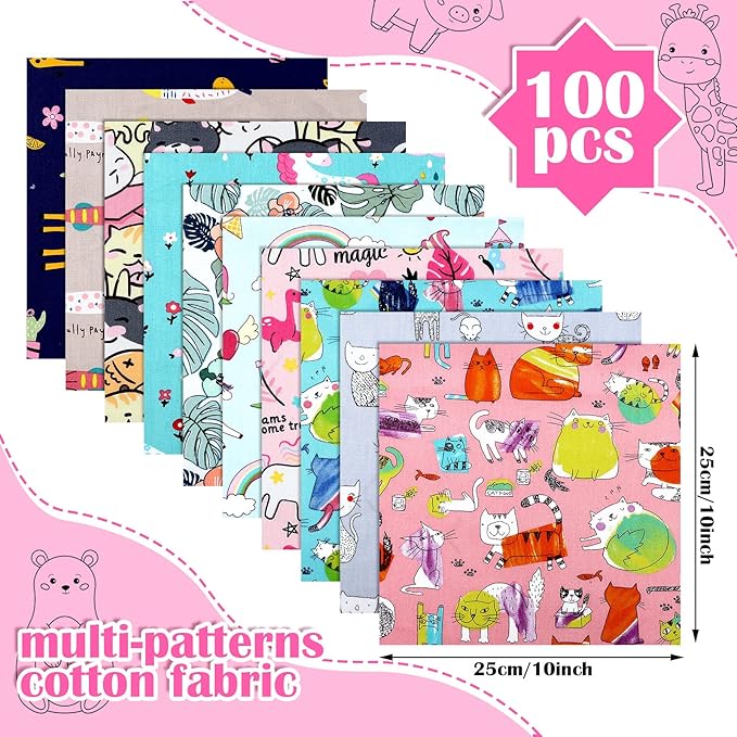 Oudain 100 Pcs 10 x 10 Inches Cotton Fabric Squares Bulk Floral Fabric Scraps Precut Fat Squares Material for Sewing Sheets for DIY Craft Scrapbooking Quilting Patchwork Clothing(10 Inch,Lovely)