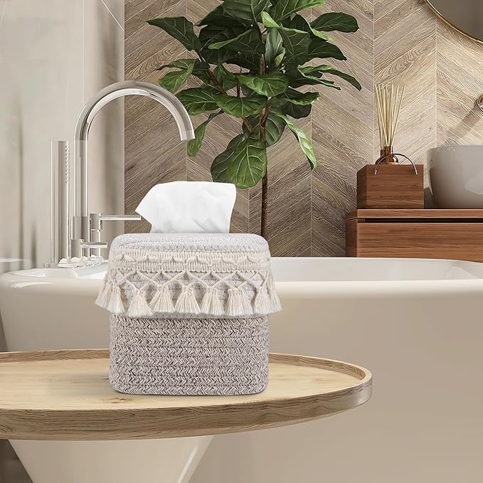Square Boho Tissue Box Cover: Hand-Woven Tassel Holder for Bathroom, Table & Kitchen – Open-Bottom Design Decorative Cover for Home, Office & Farmhouse Decor (1, Tassel Ivory/Taupe, One Size)
