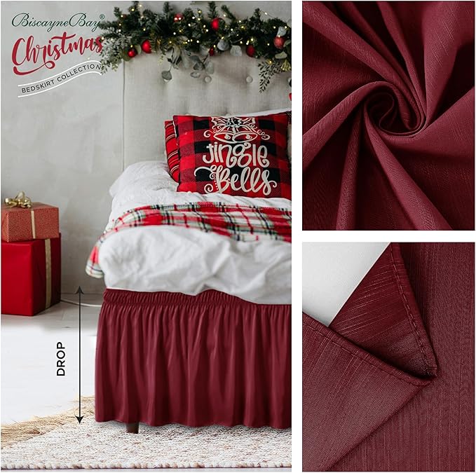 Biscaynebay Wrap Around Bed Skirts for King & Cal King Beds 17" Long Drop, Burgundy Adjustable Elastic Dust Ruffles Easy Fit Wrinkle & Fade Resistant Silky Luxurious Fabric Solid Machine Washable