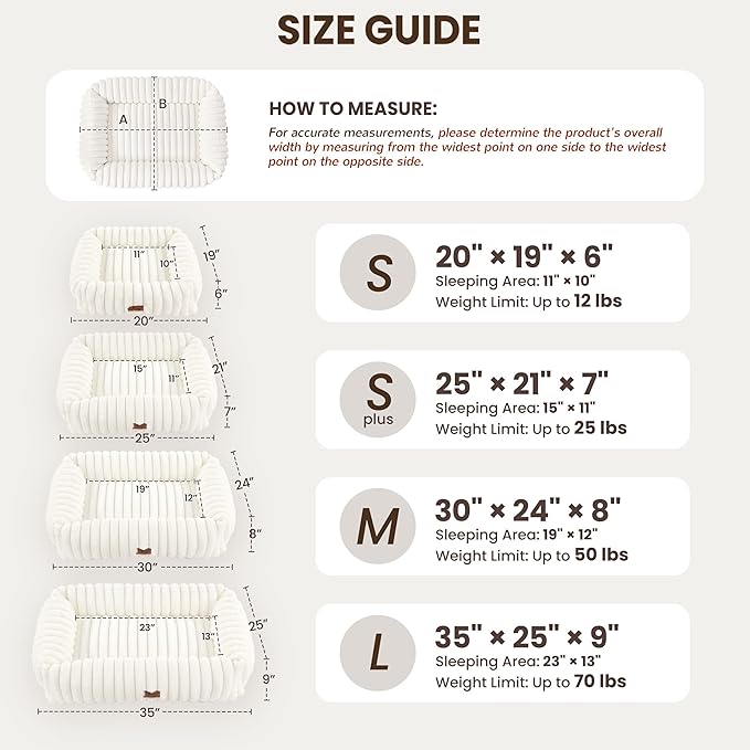 Warmrest Washable Dog Bed for Small Medium Dogs - Rectangle Orthopedic Corduroy Fleece Pet Bed with Removable Cover and Nonskid Bottom, Calming Puppy Bed Soft Pet Sofa, Cream(20x19x6inchs)
