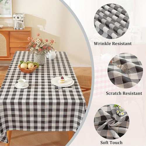 Alsoo Gingham Table Cloth Rectangle Tablecloth Heavy Duty Cotton Checkered Tablecloths Linen Table Cover for Spring Picnic Kitchen Dining, Black and White, 60 * 90 inch