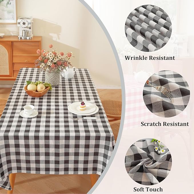 Alsoo Gingham Table Cloth Rectangle Tablecloth Heavy Duty Cotton Checkered Tablecloths Linen Table Cover for Spring Picnic Kitchen Dining, Black and White, 60 * 120 inch