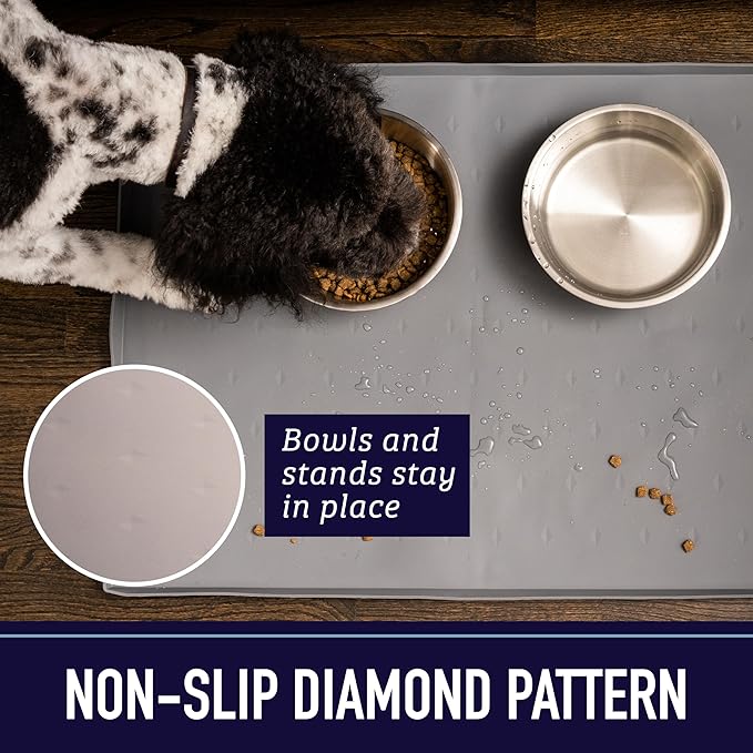 Leash Boss Dog Food Mat - 2-Pack, Waterproof Cat & Dog Bowl Mat for Food and Water, Silicone Pet Feeding Mats for Floors, Non-Slip Placemat with High Edges, Puppy Essentials (Small: 18"x11", Navy)