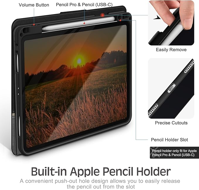 KingBlanc Case for iPad Pro 11-inch Case 4th/3rd/2nd Generation (2022/2021/2020) with Pencil Holder, Vegan Leather Bicolor Cover, Auto Sleep Wake, Apple Pencil 2. Charging, Multi-Angle Viewing, Black