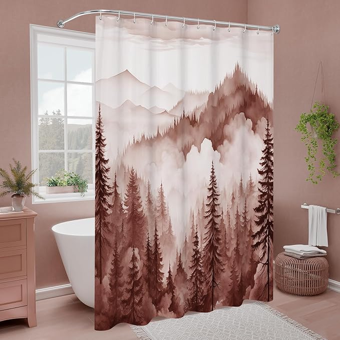 Litabel Burgundy Long Misty Pine Forest Shower Curtain 72 x 78, Mountain Foggy Woodland Scenery Tree 78 Inch Long Shower Curtains for Bathroom, Abstract Waterproof Nature-Themed Decor