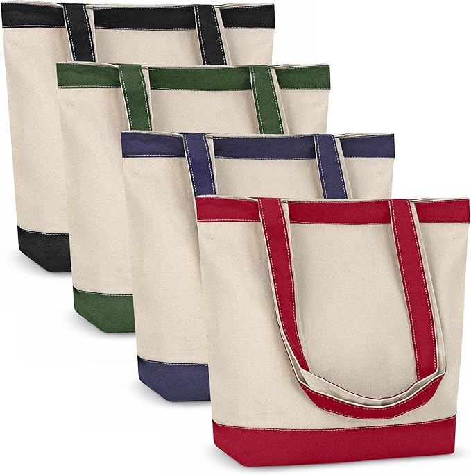 Canvas Tote Bag with Handles for Woman, Reusable Cloth Bag for Groceries and Shopping In Bulk - Blank Cotton Tote Bag, Suitable for DIY Projects HEAVY DUTY, 16"X14.5" With 4” Gusset, Assorted 4 Pack