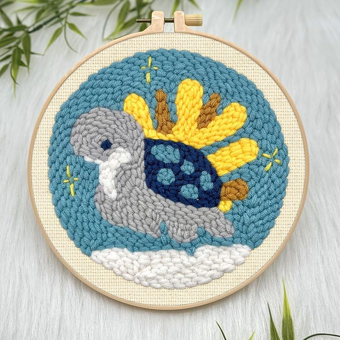 ERKOON Punch Needle Kit Adults Beginners, DIY Easy Sea Animals Embroidery Set for Starter Art Craft, Needling Punch Project with Patterns, Tools, Yarns, Hoop, Instruction (Turtle)