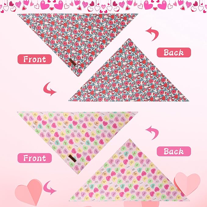 Lionet Paws Valentine's 2pcs Dog Bandanas, Red Floral Dog Scarf Bib Premium Fabric, Happy Valentine Heart Bandanas for Small Dogs Pets