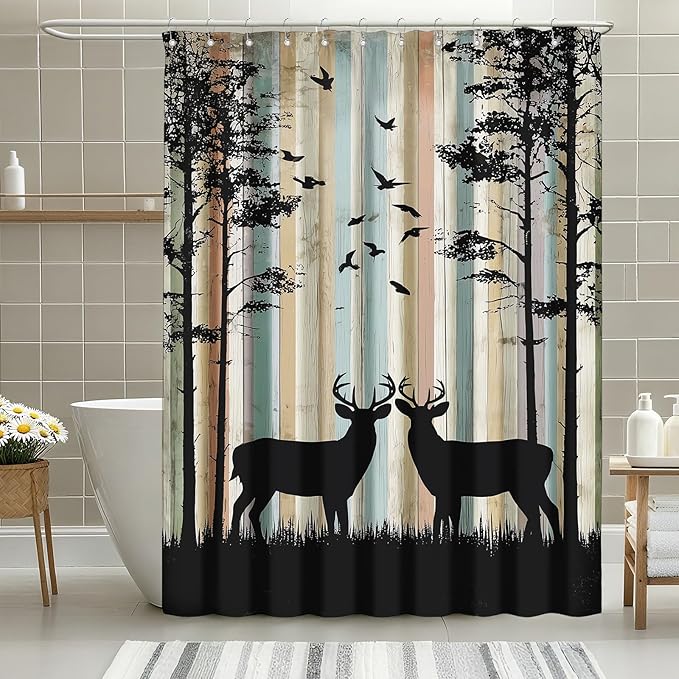 mutakin Rustic Deer Shower Curtain Farmhouse Tree Country Shower Curtains for Bathroom Waterproof Fabric Bath Curtain Decor with Hooks