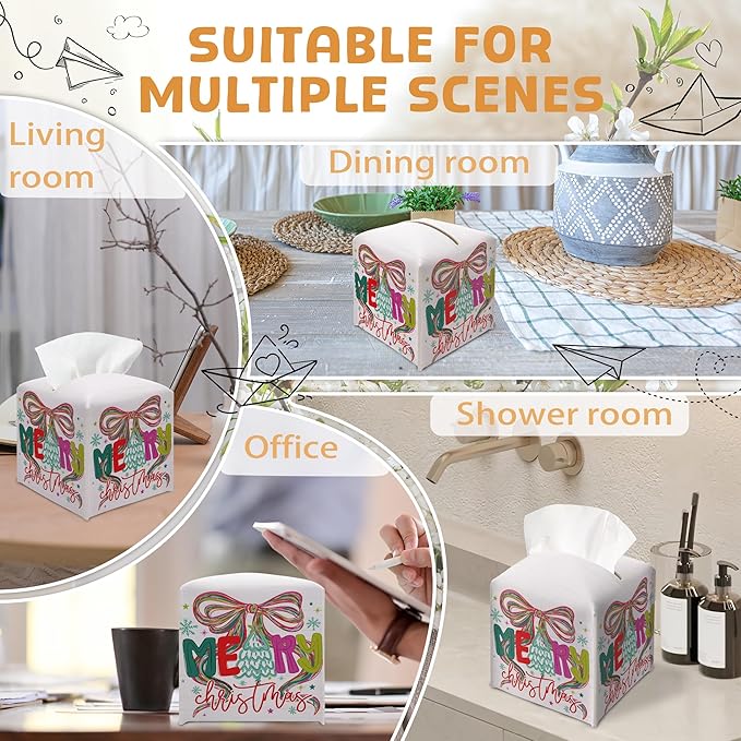 Merry Christmas Tissue Box Holder, Bow Christmas Tree Leather Tissue Box Cover Square, Paper Facial Decorative Tissues Cover for Night Stands Bathroom Kitchen Office Home Decor-B28
