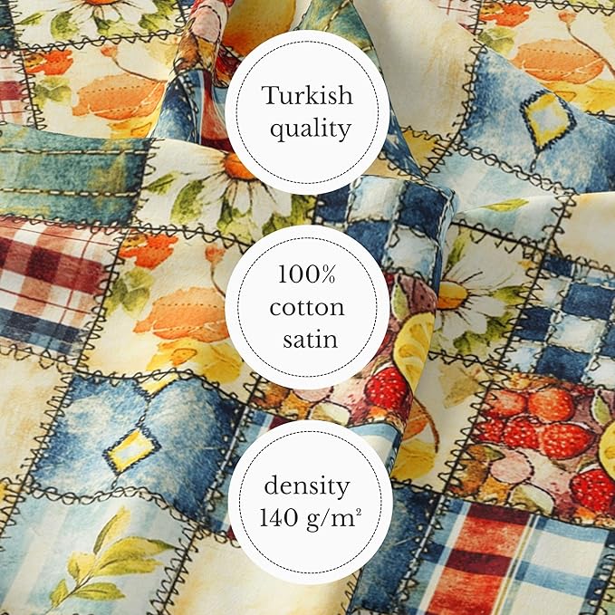 Patchwork Cotton Fabric Panel 61 x 36.6 Inches, Lemon Fruit Quilt Style Pattern, Rustic Blue Yellow Design, 100% Cotton 140 GSM