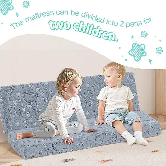 MeMoreCool Foldable Floor Mattress for Kids, Glow Dinosaur Trifold Mat, Kids Folding Mattress Portable Futon, Grey