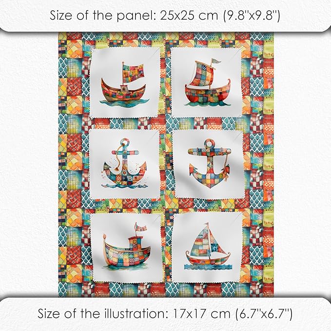 Patchwork Boat Cotton Fabric Panel – Six 10×10 inch Designs + Bonus 29.5×19.6 inch Patchwork Sheet, 100% Turkish Cotton 140 GSM