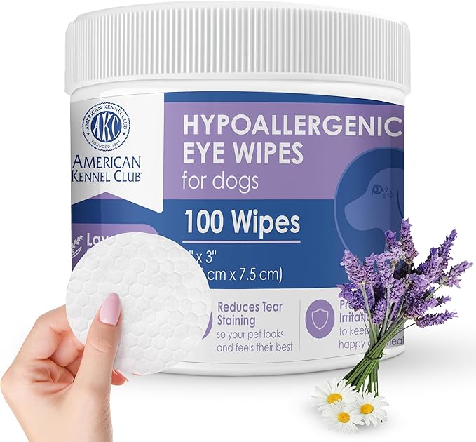 American Kennel Club Pet Eye Wipes for Dogs & Cats – Tear Stain Remover & Eye Discharge Cleaner – Hypoallergenic Grooming Wipes, 100 Count (Lavender Scent)