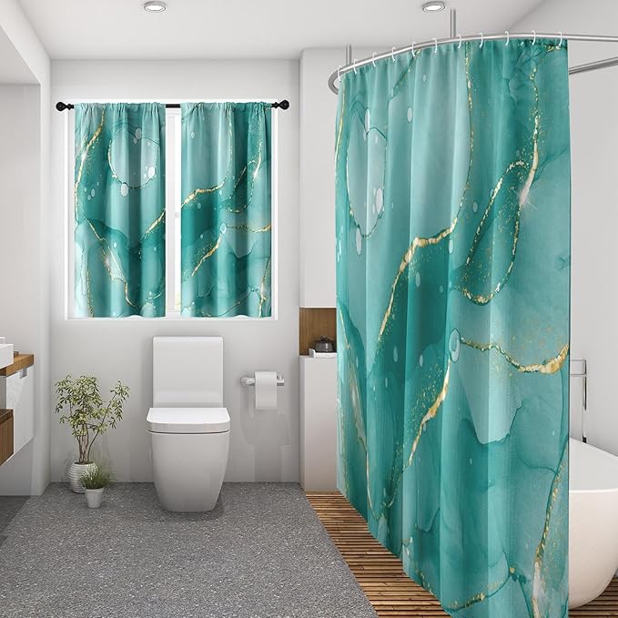 Culudea Mint Green Marble Gold Shower Curtain Set, Teal Turquoise Blue Abstract Bathroom Window Waterproof Shower Curtain Set for Bathroom Decor