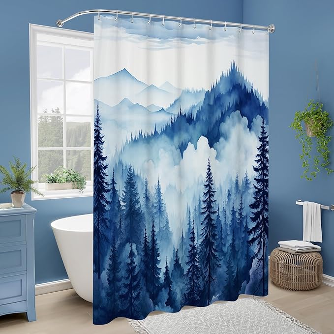Litabel Navy Blue Misty Pine Forest Shower Curtain, Mountain Foggy Woodland Scenery Tree Shower Curtains for Chic Rustic Bathroom, Abstract Modern Waterproof Nature-Themed Decor, 72x72 Inches