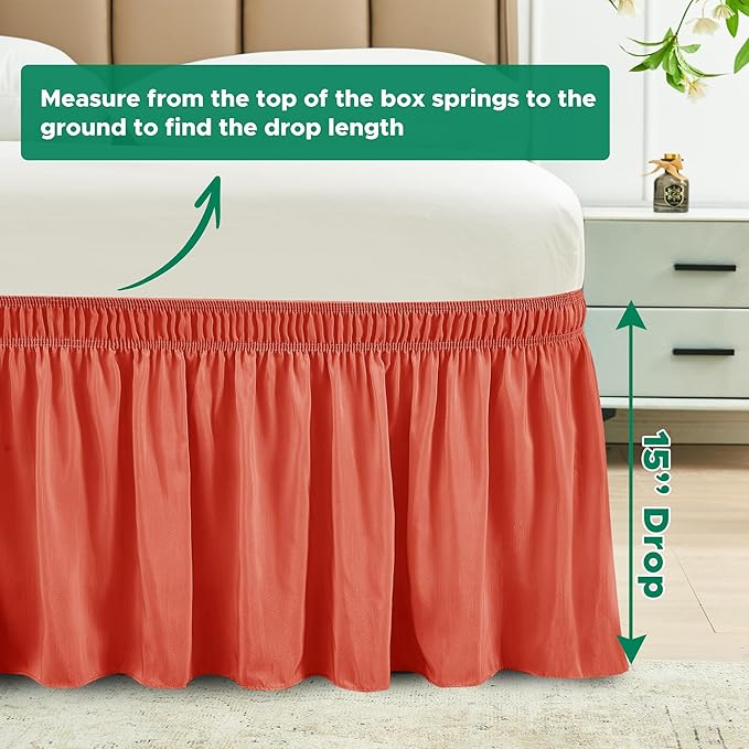 Biscaynebay Wrap Around Bed Skirts for Full & Full XL Beds 15" Drop, Coral Adjustable Elastic Dust Ruffles with Adjustable Belts Silky Luxrious Fabric Machine Washable