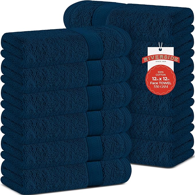 RIVERSIDE 12 Pack Premium 100% Cotton Face Wash Cloths, 12 x 12 Inches, Soft & Absorbent Face Towels for Bathroom Wash Clothes, 550 GSM, Luxury WashCloths for Showering, Body, Spa & Gym, Opal Blue