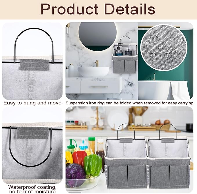 Pafeooui 3pcs Wall Hanging Organizer Bag, Linen Fabric Door Hanging Storage Basket with Pockets, Waterproof Bin for Kitchen Bedroom Bathroom Office RV Camper, Gray