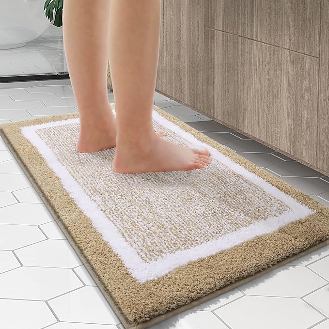 OLANLY Bathroom Rugs 24x16, Extra Soft and Absorbent Microfiber Bath Mat, Non-Slip, Machine Washable, Quick Dry Shaggy Bath Carpet, Suitable for Bathroom Floor, Tub, Shower (Small, Beige)