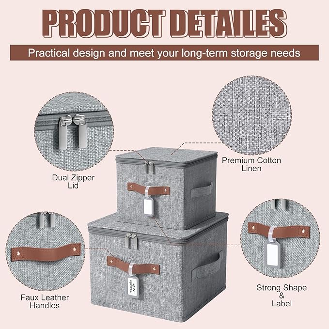 Fiwochic 6 Pack Fabric Storage Bins with Lids and Label, 15x10x10Inch Large Size Foldable Cotton Linen Storage Boxes with PU Leather Handles Holders for Closet, Bedroom, Shelf, Nursery, Gray