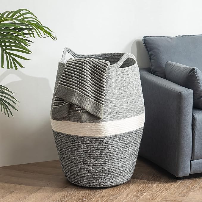 Cotton Rope Laundry Hamper by YOUDENOVA, 105L - Woven Collapsible Laundry Basket - Clothes Storage Basket for Blankets, Laundry Room Organizing, Bedroom Storage, Clothes Hamper – Dark Grey