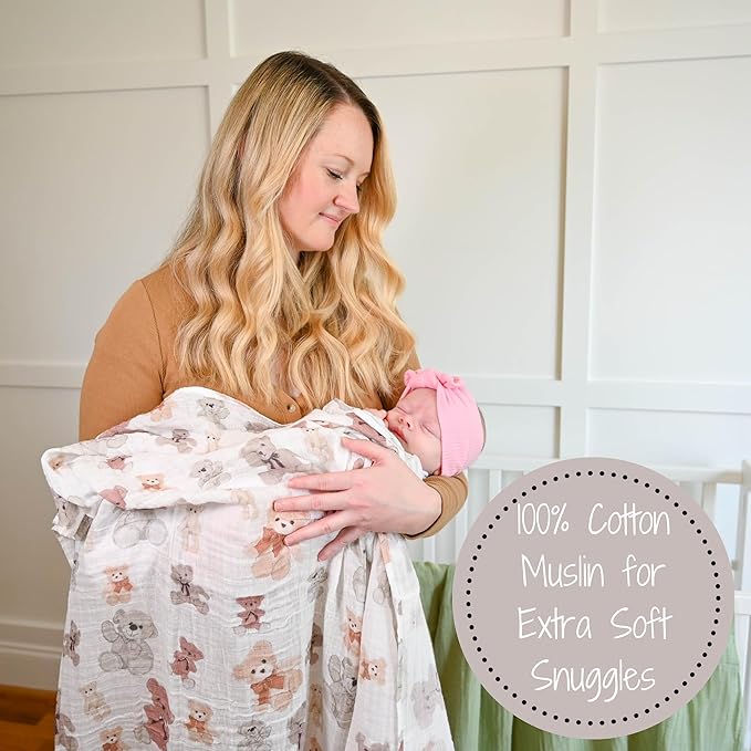 LollyBanks Muslin Swaddle Blankets for Boys and Girls, Large 47 x 47 Inches Soft Swaddles for Newborns, Breathable and Lightweight 100% Cotton Baby Receiving Blankets, Registry (Teddy Bear Theme)