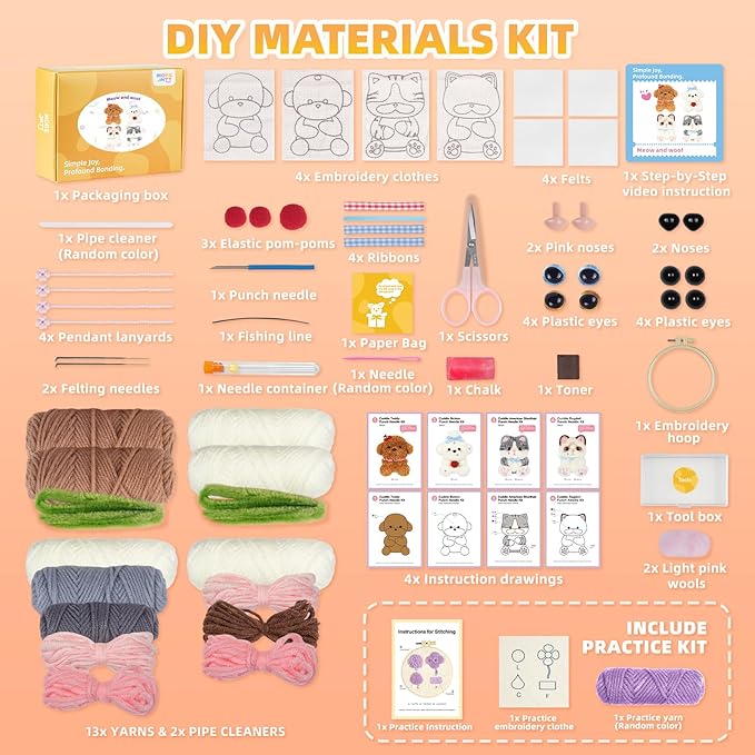 Punch Needle kit-4,Embroidery kit for Beginners,Punch Needle Kits Adults Beginner,Needles, Curved Scissors, a Tool Storage Box, Yarn, Easy-to-Follow Instructions, and Tutorial Videos(Cats and Dogs)