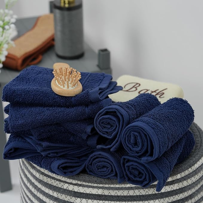 Tens Towels Pack of 24 Washcloths, 12 x 12 Inches, Lighter Weight, Quick to Dry, Super Soft & Absorbent, Gentle Face Towels, Hotel Quality, Perfect for Bathroom, Gym, Spa (Navy, 24 Pack)
