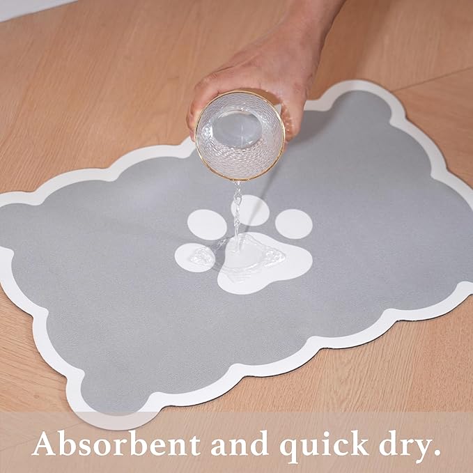 Ralxion Scalloped Dog Feeding Mat, Absorbent Mats for Dog Food and Water Bowl, Dispenser, Cute Elegant Aesthetic Preppy Grey Scallop Pet Placemat for Dogs, Cats, Puppy Accessories, 14" X 19”