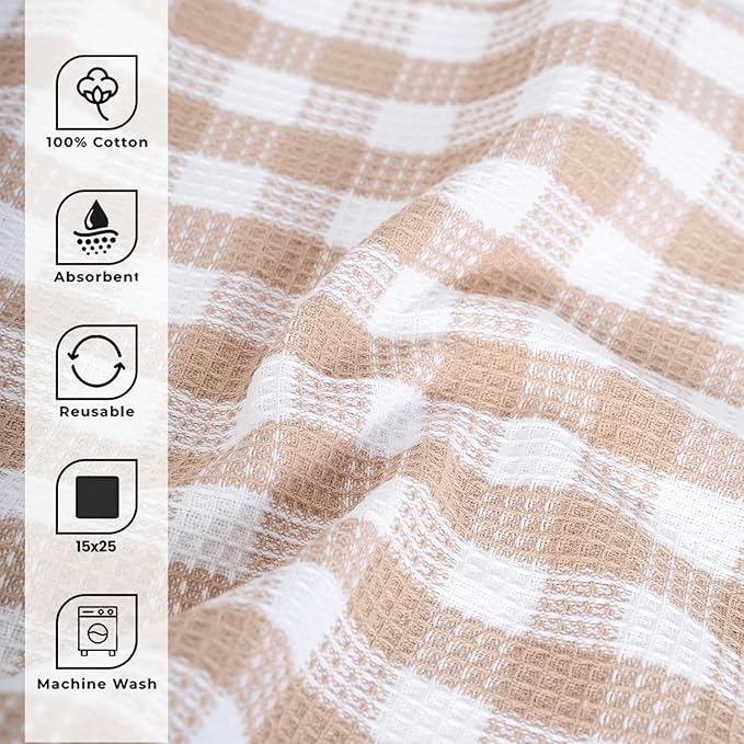 Blue Needles Waffle Weave Check Plaid Kitchen Towels, 15x25 Inches 100% Cotton Set of 6 Dish Towels for Kitchen, Ultra Soft & Absorbent for Quick Drying with Hanging Loop Spring Summer - Beige & White