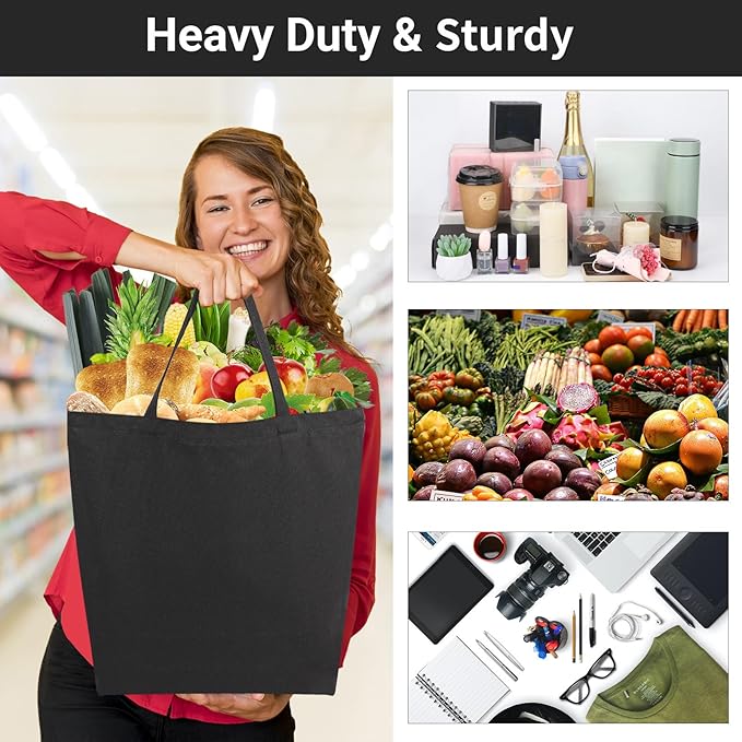 Segarty Canvas Tote Bag for Women, 6 Pack 20x15.7 Reusable Black Shopping Bag, Natural Cotton Durable Shoulder Bag Aesthetic, Blank Canvas Tote Bulk for DIY, Gift, Grocery, Beach, Travel