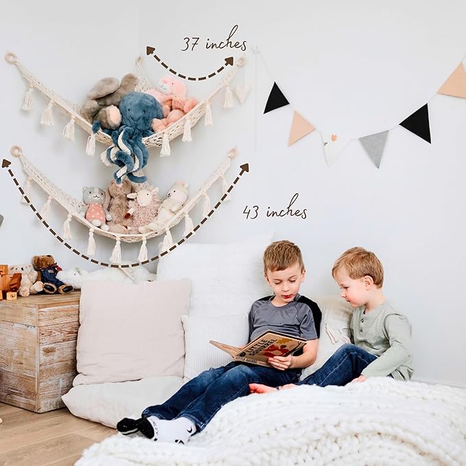 Sasa Baby and Toddler Macrame Hanging Net for Stuffed Toys - Corner Hammock Organizer for Plush Animals, Buttercream